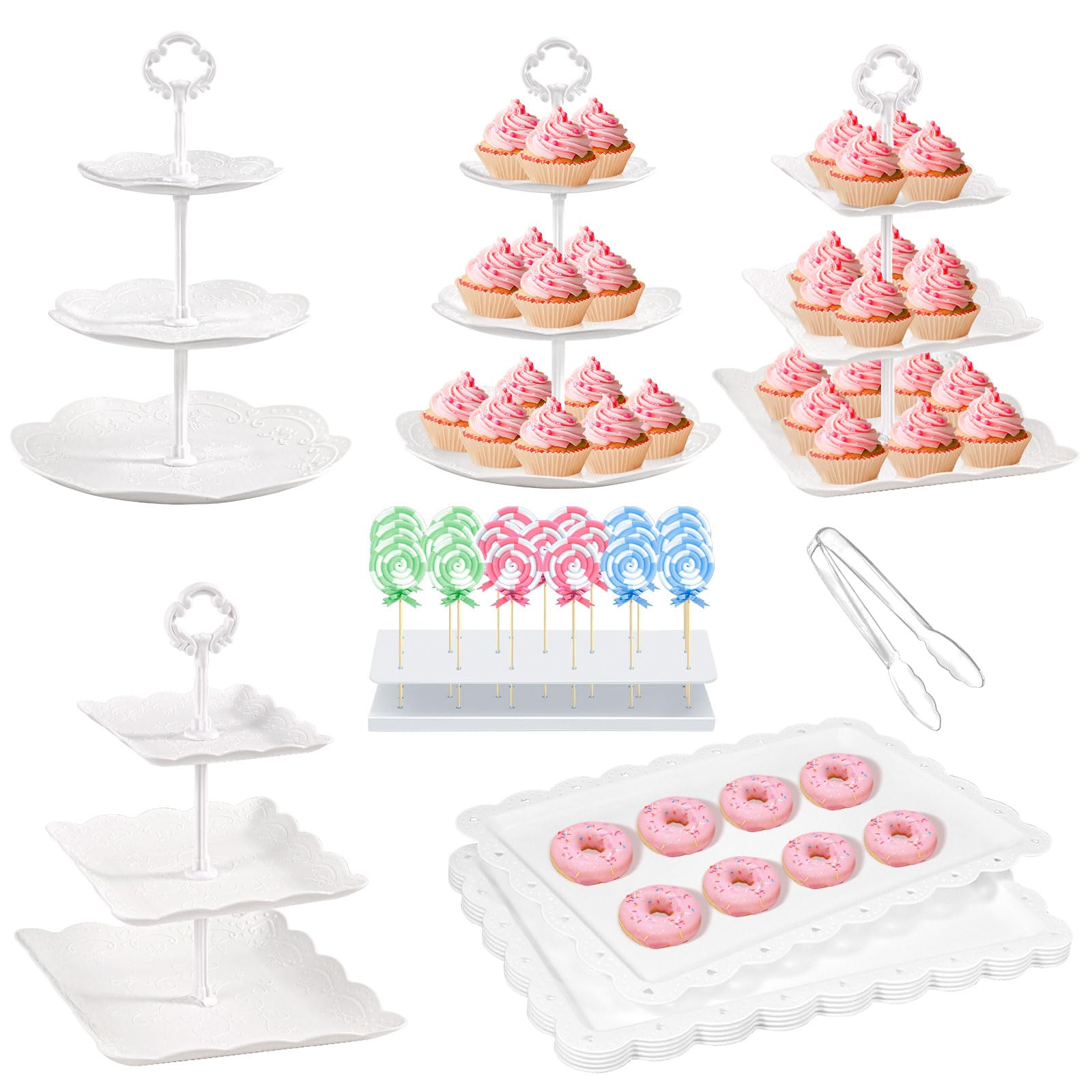 12 Pcs Cupcake Stand White Dessert Table Display Set 4 Pcs 3 Tier Plastic Cake Stand Holder 6 Pcs Dessert Serving Tray 1 Pc Cake Pop Stand Cookie Platter Rack Tower for Tea Party Wedding Baby Shower