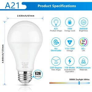 Maylaywood A21 LED Light Bulbs, 150 Watt Equivalent LED Bulb, Daylight White 5000K, 2600LM, E26 Base, Non-Dimmable, 19W Bright White LED Bulb, 4-Pack