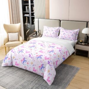 100% Nature Cotton Purple Unicorn Duvet Cover Twin,Dreamy Rainbow Pink Flowers Super Soft Bedding Set,Girls Room Decor Moon Star Love Hearts Comforter Cover Bedding 2 Piece (No Comforter)