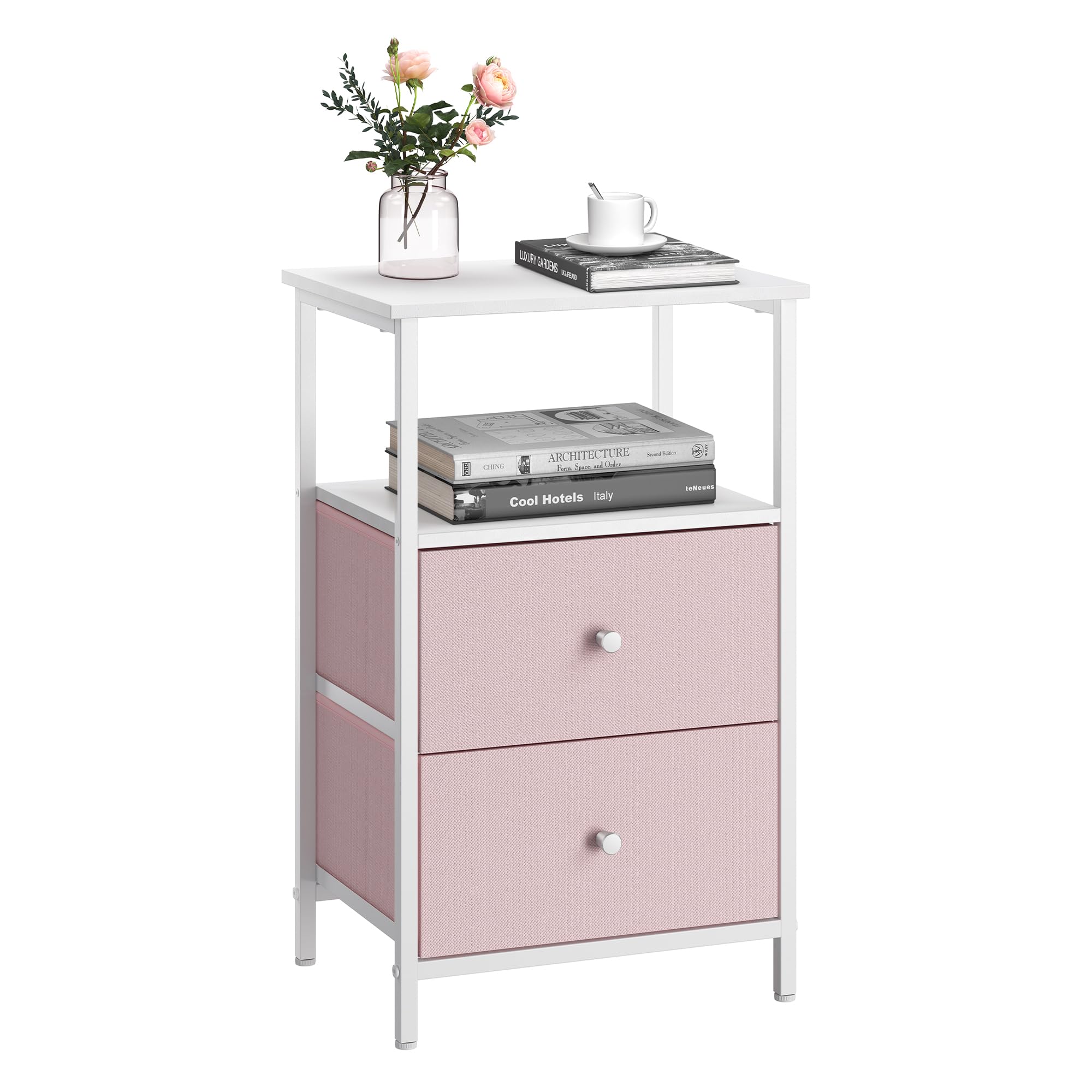 VASAGLE Nightstand, Side Table with 2 Fabric Drawers, 24-Inch Tall End Table with Storage Shelf, Bedroom, Jelly Pink and White ULGS025R05