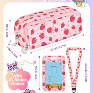 Bistup Pencil Case Pouch Pen Bag for School Cute Kawaii Girls Girly Cartoon Strawberry Teen Girls Zipper Pencil Pouches Large Stationary Bags 3 compartments with Lanyard+ID Badge Holder+Pen+Sticker