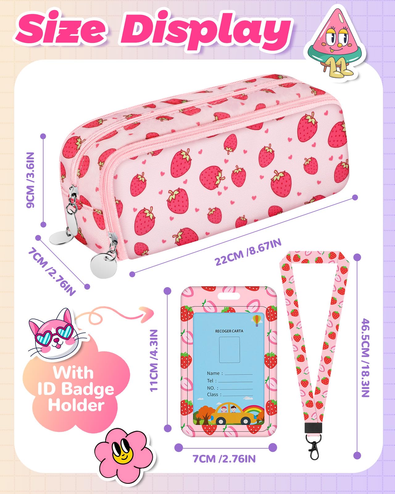 Bistup Pencil Case Pouch Pen Bag for School Cute Kawaii Girls Girly Cartoon Strawberry Teen Girls Zipper Pencil Pouches Large Stationary Bags 3 compartments with Lanyard+ID Badge Holder+Pen+Sticker