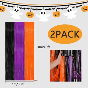 2 Pack 3.2ft x 9.8ft Halloween Foil Fringe Curtain, Black Orange Purple Metallic Tinsel Curtains Streamer Large Party Photo Booth Props Backdrops for Wall Door Indoor Outdoor Decorations