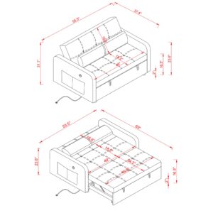 Convertible Sleeper Sofa Bed w/Pullout Bed 4-1 Multi-Functional Sofa Bed with Side Bags and USB Port Velvet Loveseat Futon Sofa Couch for Living Room or Apartments (Grey)