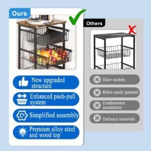 OKZEST Fruit Basket, 5-Tier Utility Kitchen Organizer and Storage Cart with Pull-Out Baskets and Wood Top, Rolling Pantry Kitchen Cart on Wheels for Fruit Potato Onion Vegetable Snack Produce