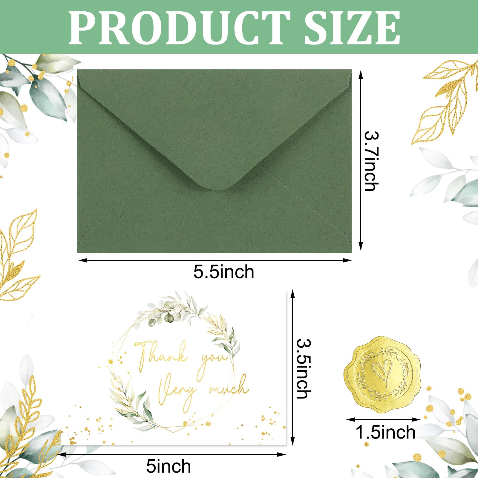 Qilery 120 Set Thank You Cards with Envelopes and Stickers for Wedding 5 x 3.5 Inch Sage Green Gold Foil Blank Thank You Notes Greeting Cards for Bridal Shower, Birthday, Graduation