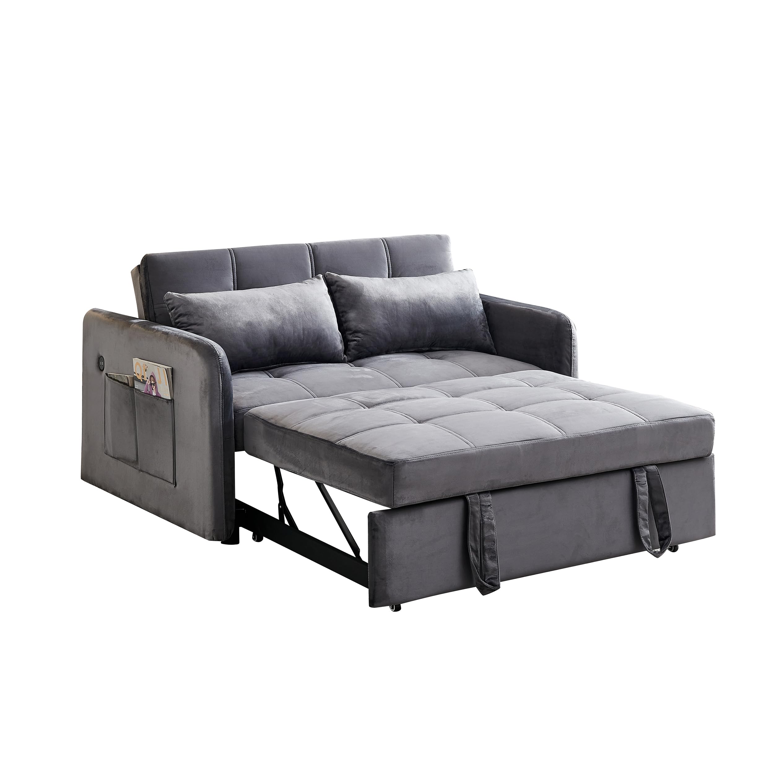 Convertible Sleeper Sofa Bed w/Pullout Bed 4-1 Multi-Functional Sofa Bed with Side Bags and USB Port Velvet Loveseat Futon Sofa Couch for Living Room or Apartments (Grey)