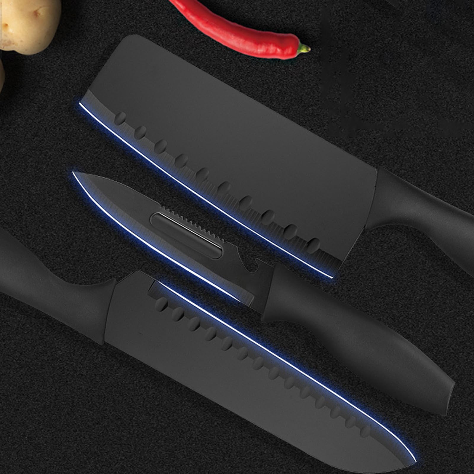 Magicorange 7-Piece Kitchen Knife Set - 5 Black Stainless Steel Knives with Sheaths, Cutting Board, and a Knife Block- Stainless Steel Kitchen Knives with PP Ergonomic Handle (Matte Black)