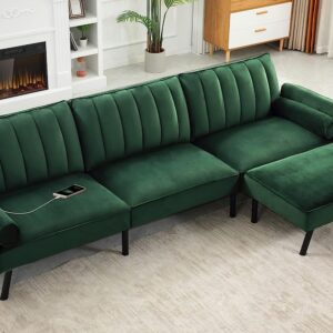 DURASPACE Velvet Sectional Convertible Sofa with Chaise, 106.5" L Shape Sectional Sofa Couch with USB, Split Back Folding Futon Couch for Living Room (Green)