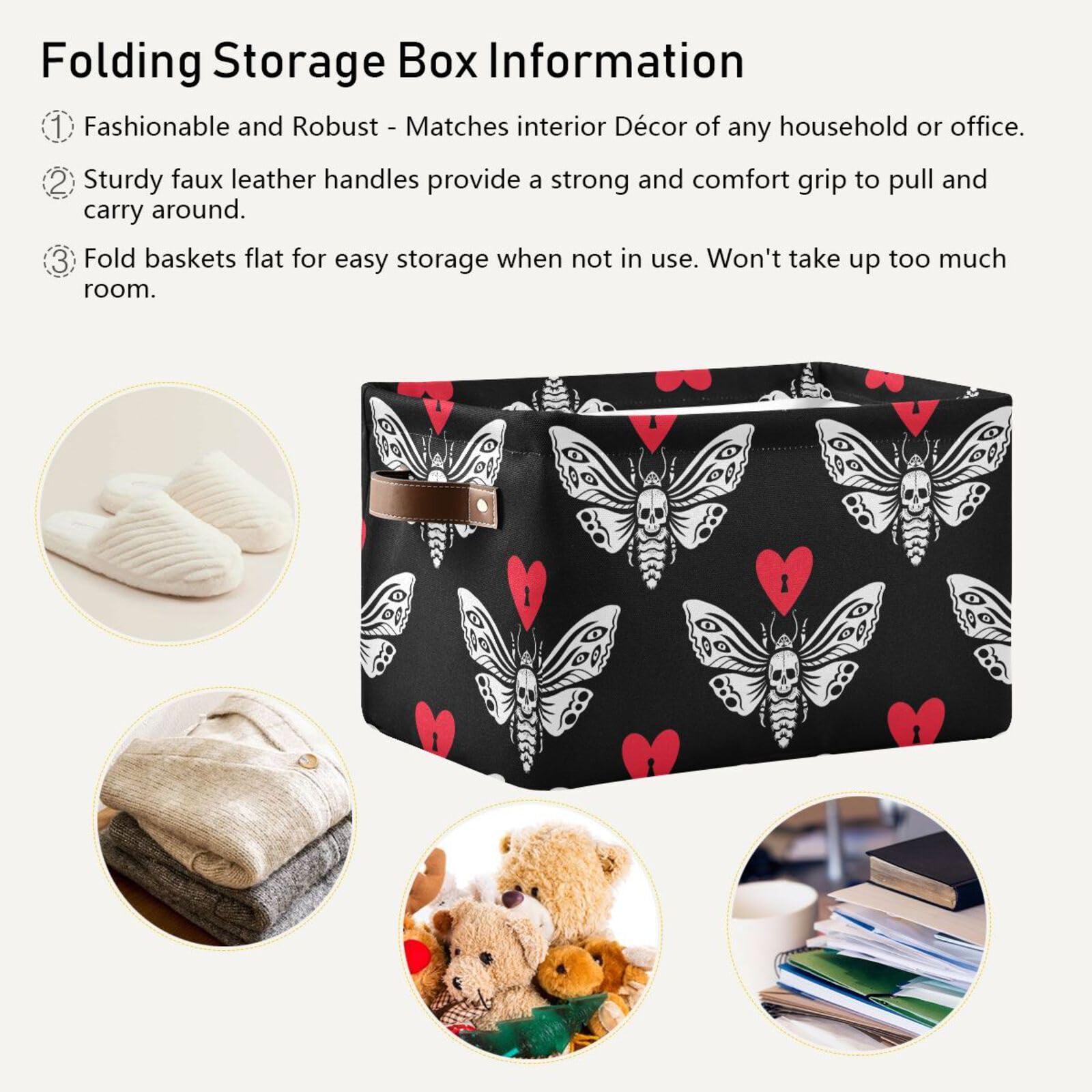 Sletend Foldable Cube Storage Bin Gothic Skull Butterfly Large Capacity Storage Basket with Double Handle Closet Organizer for Shelves Printed Storage Basket