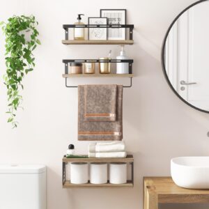 Fixwal 3+1 Bathroom Shelves Over Toilet, Floating Shelves Wall Mounted with Metal Frame and Towel Bar for Bathroom, Kitchen, Bedroom, Living Room (Rustic Brown)