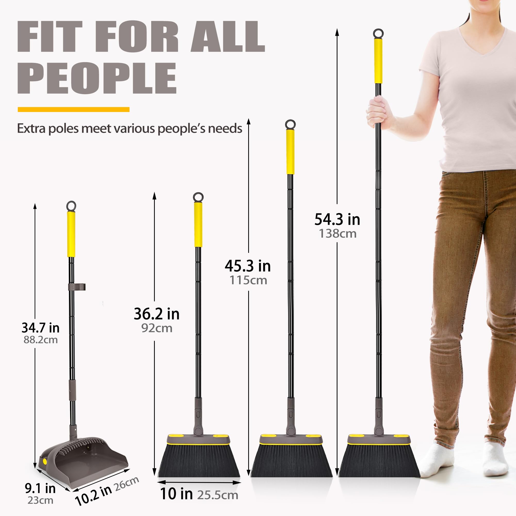 JEHONN Broom with Dustpan Combo Set Lightweight 54'' Long Handle Swivel Broom Indoor Patented Openable Dust Pan Tail for Kitchen Home Office (Brown Yellow)