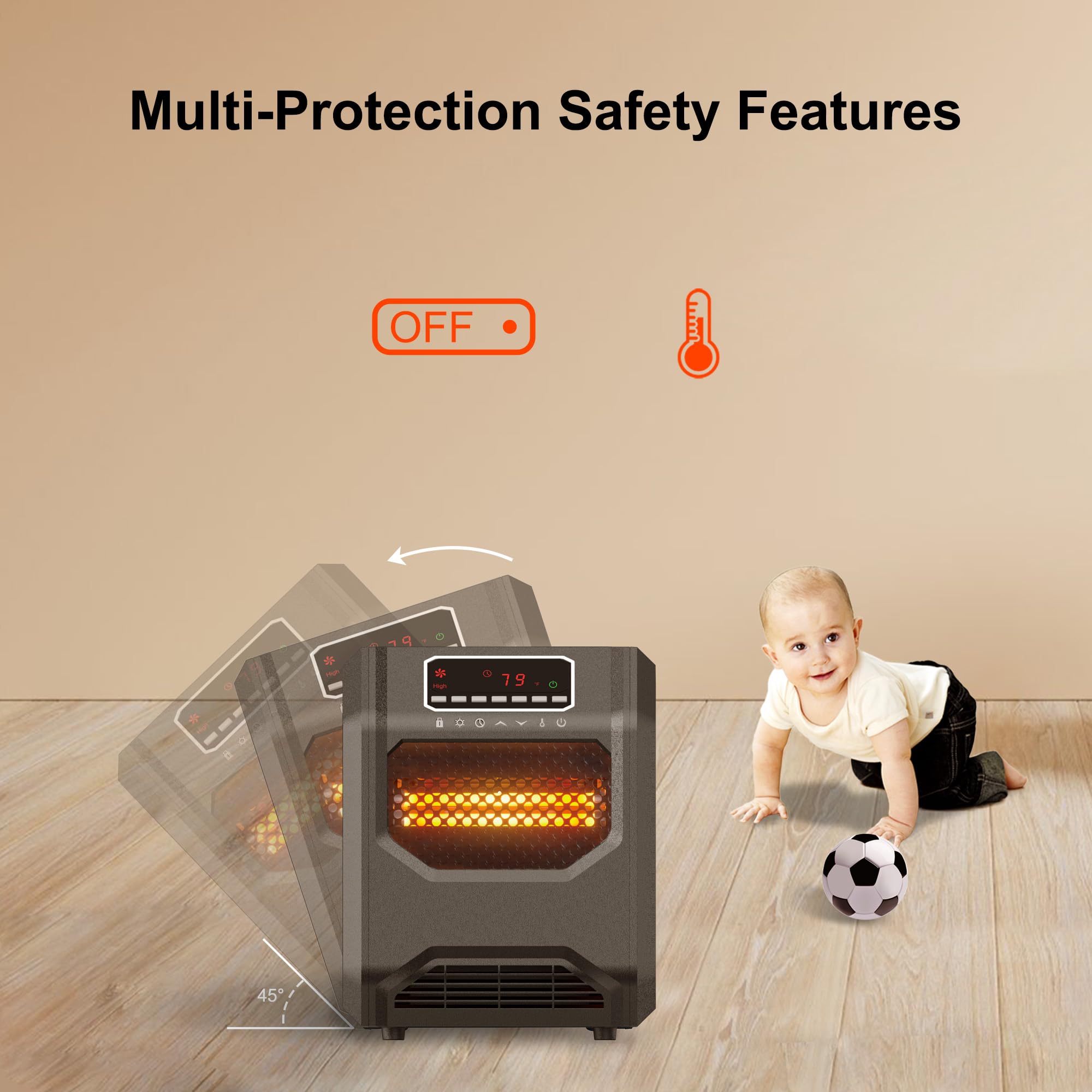 Infrared Space Heater 3 Mode 1500W Electric heater with 6 Quartz Infrared Element Child Lock Timer Remote for Indoor Use WEWARM