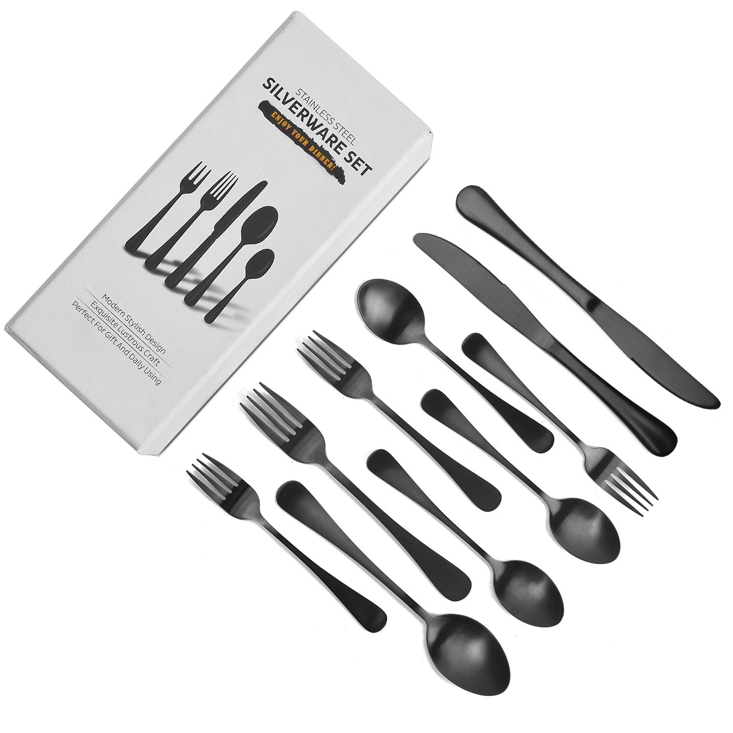 Matte Black Silverware Set for 8, 40 Pieces Heavy Duty Stainless Steel Flatware Set Utensils Cutlery Tableware Set Including Steak Knife Fork and Spoon, Gift Package for Wedding Housewarming