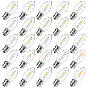 minetom 25 pack c9 led christmas light bulbs, clear plastic c9 shatterproof led bulbs replacement for christmas string lights, e17 intermediate base, commercial dimmable holiday bulbs, warm white