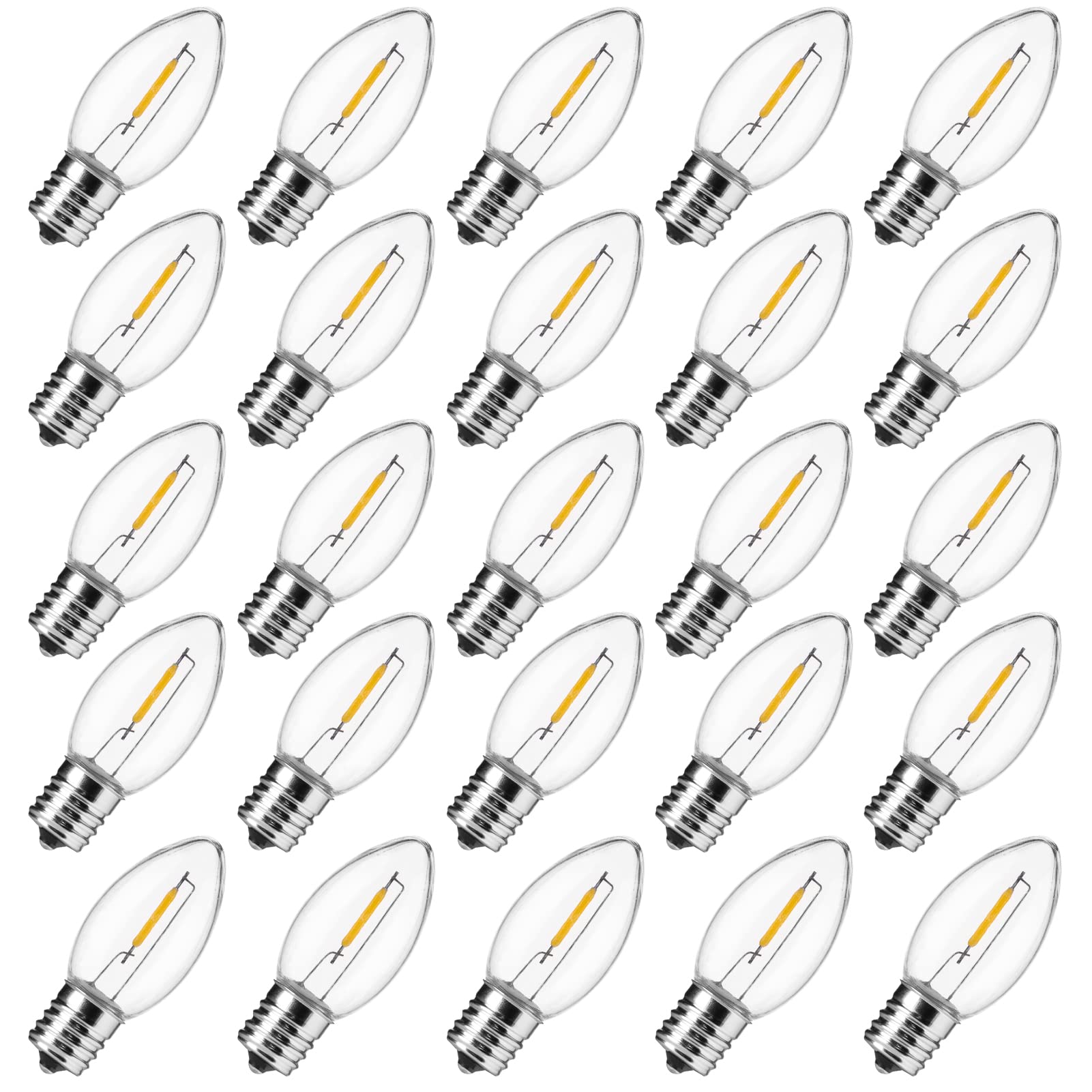 Minetom 25 Pack C9 LED Christmas Light Bulbs, Clear Plastic C9 Shatterproof LED Bulbs Replacement for Christmas String Lights, E17 Intermediate Base, Commercial Dimmable Holiday Bulbs, Warm White