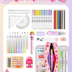 Bistup Pencil Case Pouch Pen Bag for School Cute Kawaii Girls Girly Cartoon Strawberry Teen Girls Zipper Pencil Pouches Large Stationary Bags 3 compartments with Lanyard+ID Badge Holder+Pen+Sticker