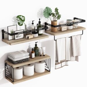 fixwal 3+1 bathroom shelves over toilet, floating shelves wall mounted with metal frame and towel bar for bathroom, kitchen, bedroom, living room (rustic brown)