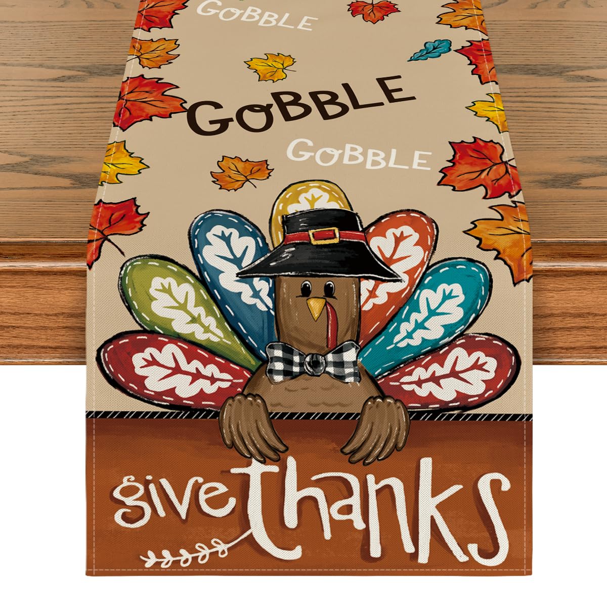 Artoid Mode Turkey Give Thanks Thanksgiving Table Runner, Seasonal Fall Autumn Kitchen Dining Table Decoration for Home Party Decor 13x72 Inch