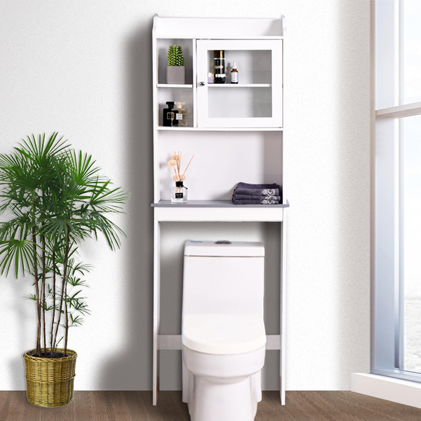 GOAWGO Modern Over The Toilet Space Saver Organization Wood Above Toilet Storage Cabinet with Glass Doors and Adjustable Shelves for Home,Bathroom Cabinet Over Toilet，White