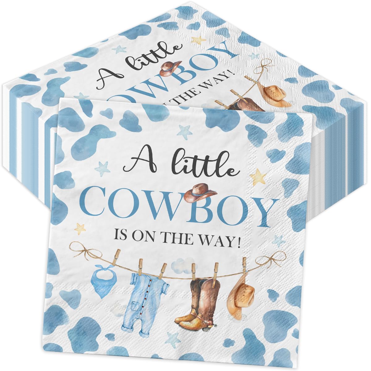 Cowboy Baby Shower Decorations-40pcs Little Cowboy Baby Shower Napkins, Blue Disposable Little Cowboy is on the Way Paper Napkins for Boys Cowboy Baby Shower Birthday Party Decorations