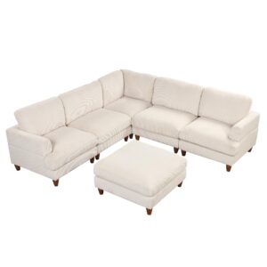 kevinplus Modular Sectional Sofa Couch L-Shaped for Living Room, Modern 5-Seat Corner Sofa Couch with Reversible Ottoman for Apartment Office Studio, Wood Leg & Corduroy Fabric, Beige