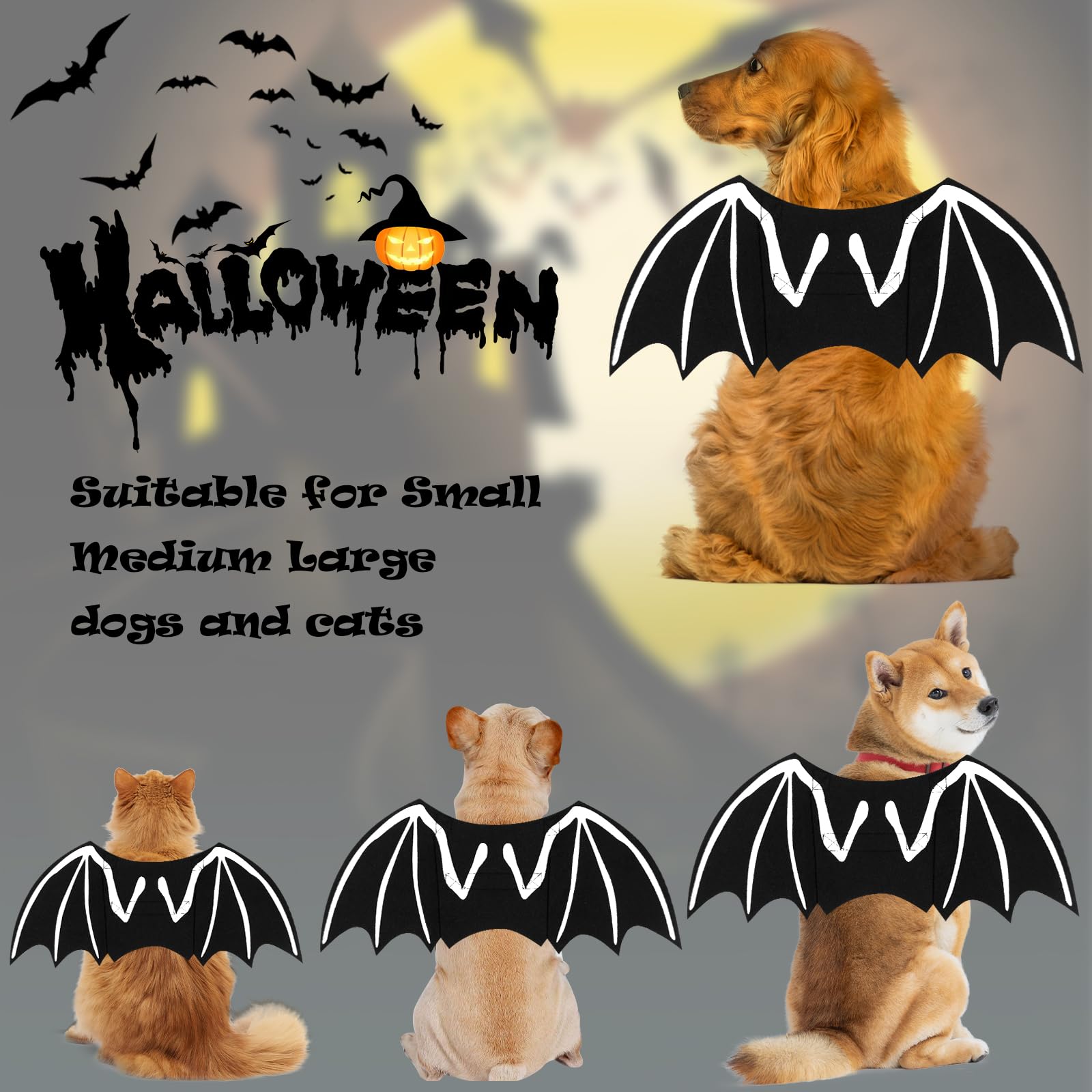 Newthinking Halloween Dog Bat Costume, Cat Bat Wings Costume, Pet Halloween Costumes, Skeleton Bone Bat Wing Apparel Accessories for Kitten Puppies