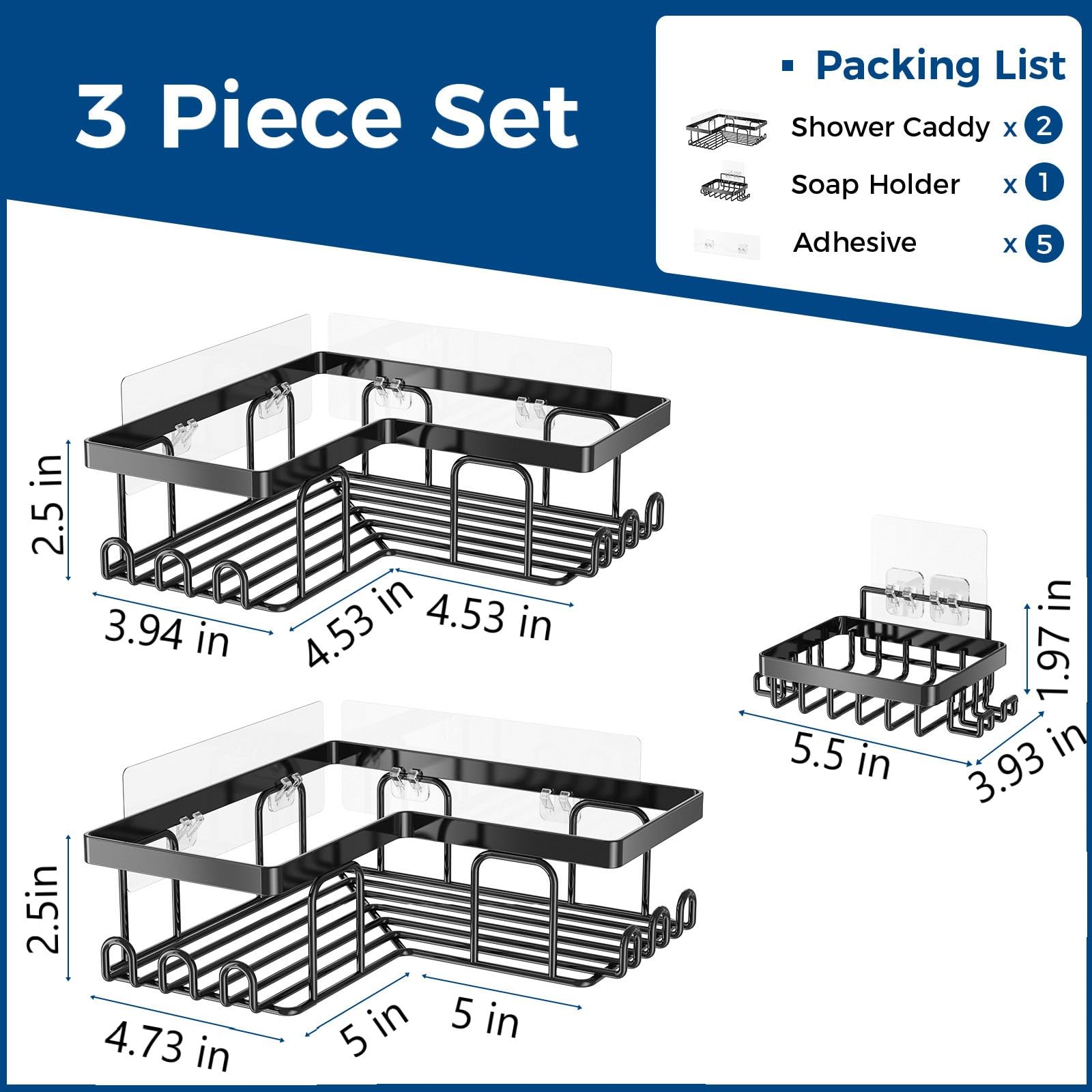 YUNISS Corner Shower Caddy 3 Pack,Adhesive Shower Corner Organizer Shelves with Soap Holder，No Drilling Shower Storage Rack for Bathroom and Kitchen (Black 3)