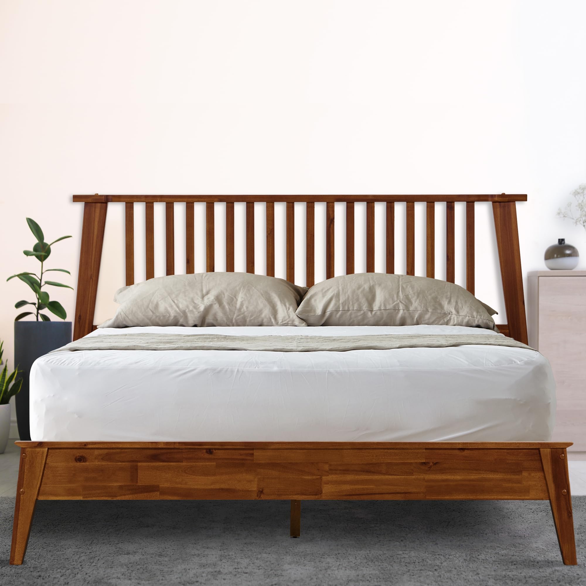 Acacia Kaylin Bed Frame with Headboard Solid Wood Platform Bed, King Bed Frame, Scandinavian Signature Wood Bed Compatible with All Mattress Types, Non-Slip and Noise-Free, Walnut