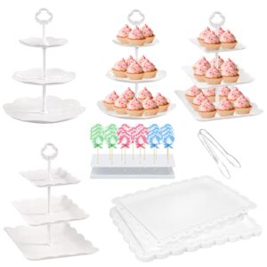 12 Pcs Cupcake Stand White Dessert Table Display Set 4 Pcs 3 Tier Plastic Cake Stand Holder 6 Pcs Dessert Serving Tray 1 Pc Cake Pop Stand Cookie Platter Rack Tower for Tea Party Wedding Baby Shower