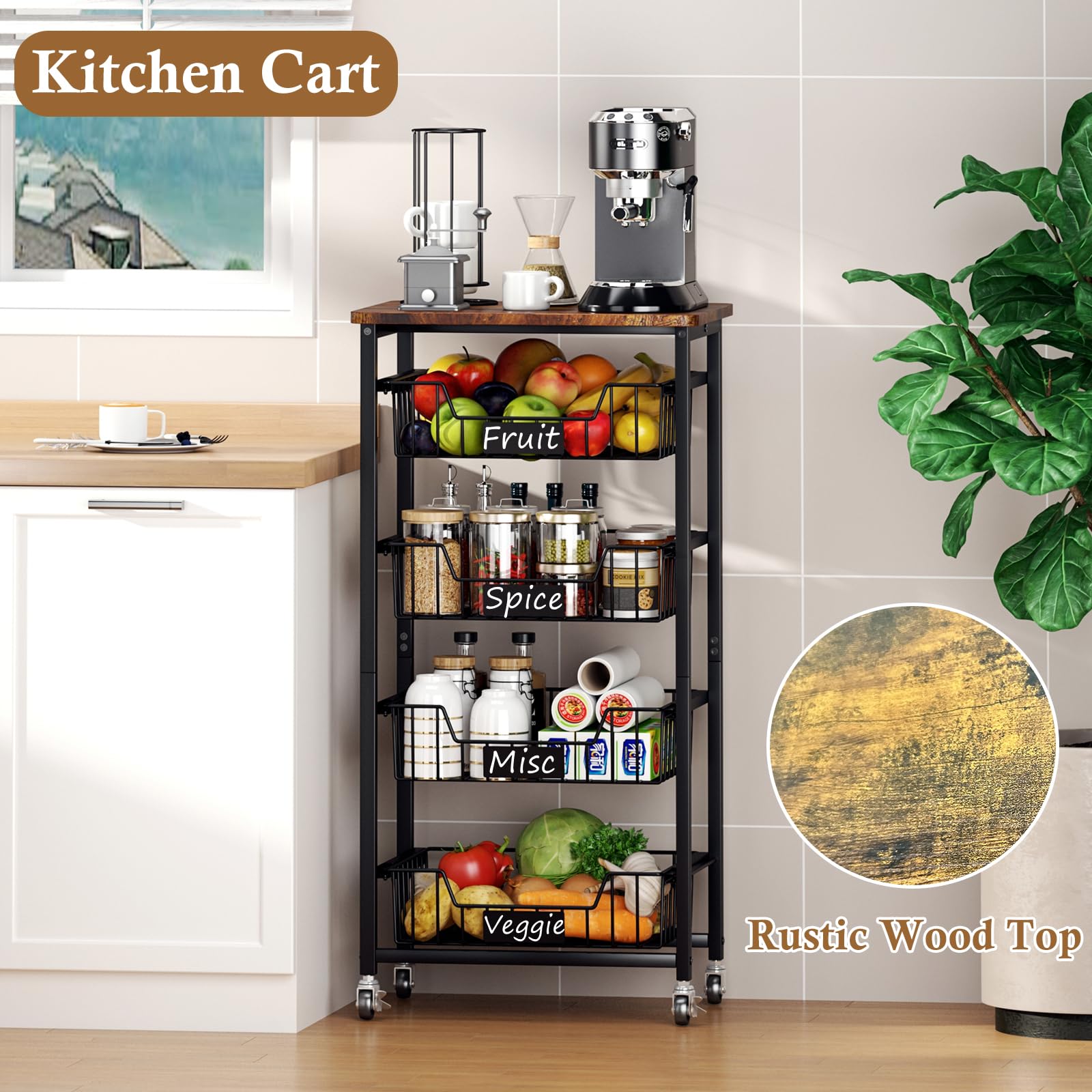 OKZEST Fruit Basket, 5-Tier Utility Kitchen Organizer and Storage Cart with Pull-Out Baskets and Wood Top, Rolling Pantry Kitchen Cart on Wheels for Fruit Potato Onion Vegetable Snack Produce