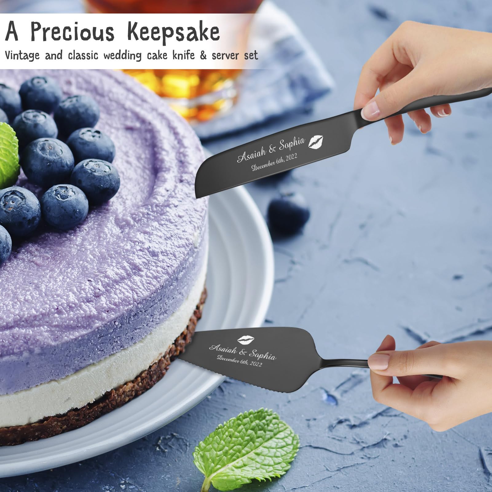 Atdesk Personalized Cake Cutting Set for Wedding, Stainless Steel Cake Knife and Server Set, Cake Cutter and Pie Server for Wedding, Birthday, Anniversary, Graduation Gift (Black)