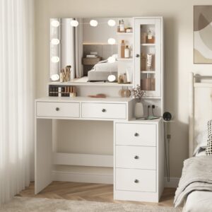 Fameill White Makeup Vanity Desk with Mirror and Lights,Vanity Table with Power Strip and Lighted Mirror,Large Makeup Table with 5 Drawers Lots Storage,3 Lighting Modes,39.4inch(L)