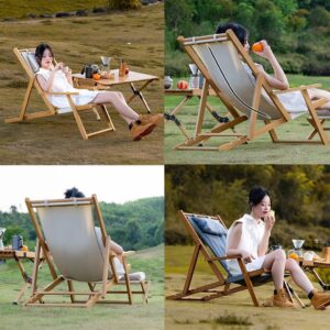 MOOTEK Wood Portable Reclining Beach Chair, 4 Level Height Adjustable Reclining Chairs with Wood Frames and Cushioned Headrest, for Indoor Outdoor Garden, Backyard, Poolside