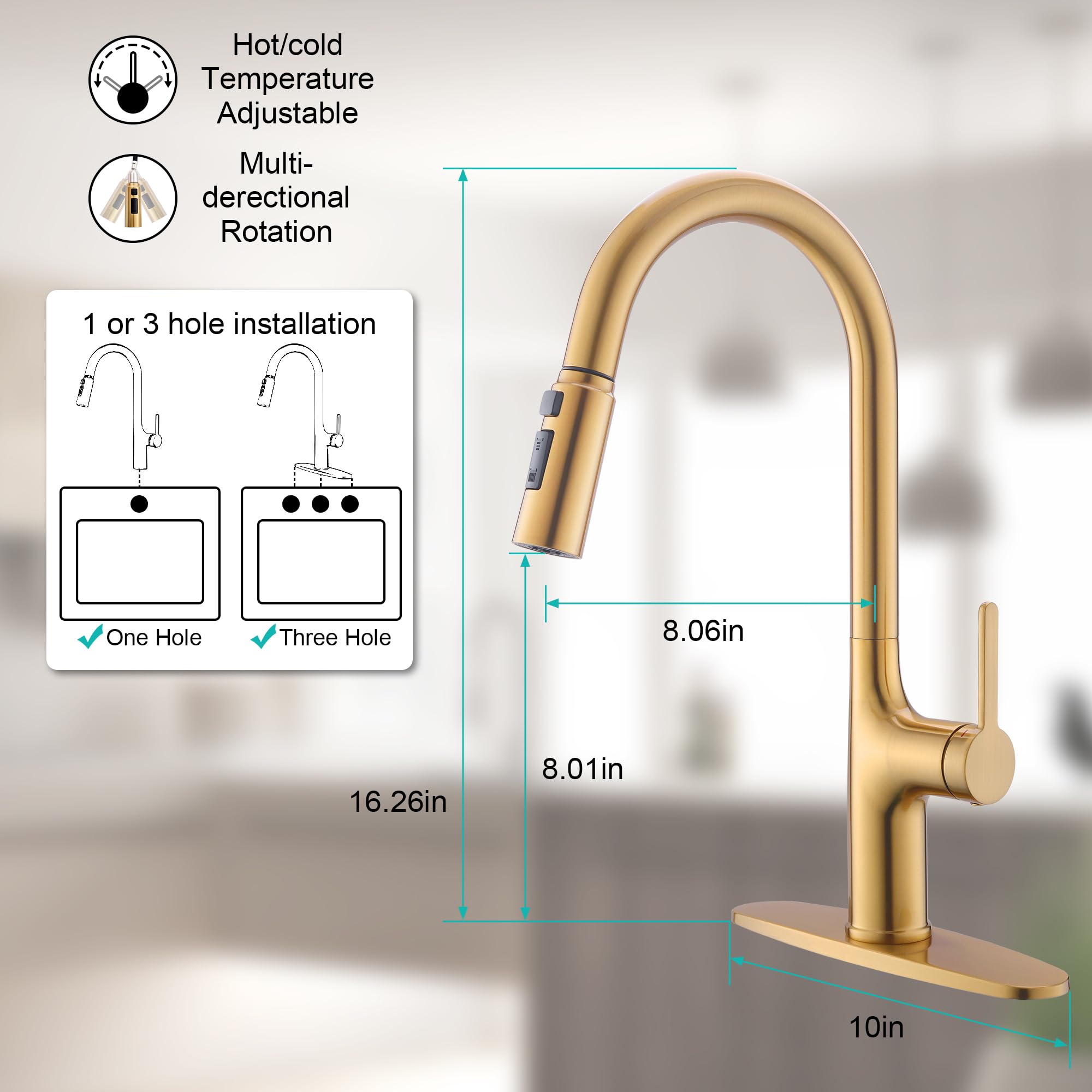 FROPO Brushed Gold Kitchen Faucet, Single Handle Gold Kitchen Sink Faucet with Pull Down Sprayer Modern Stainless Steel Brass Gold Faucet with Deck Plate 3-Function Spray Head 1 or 3 Hole