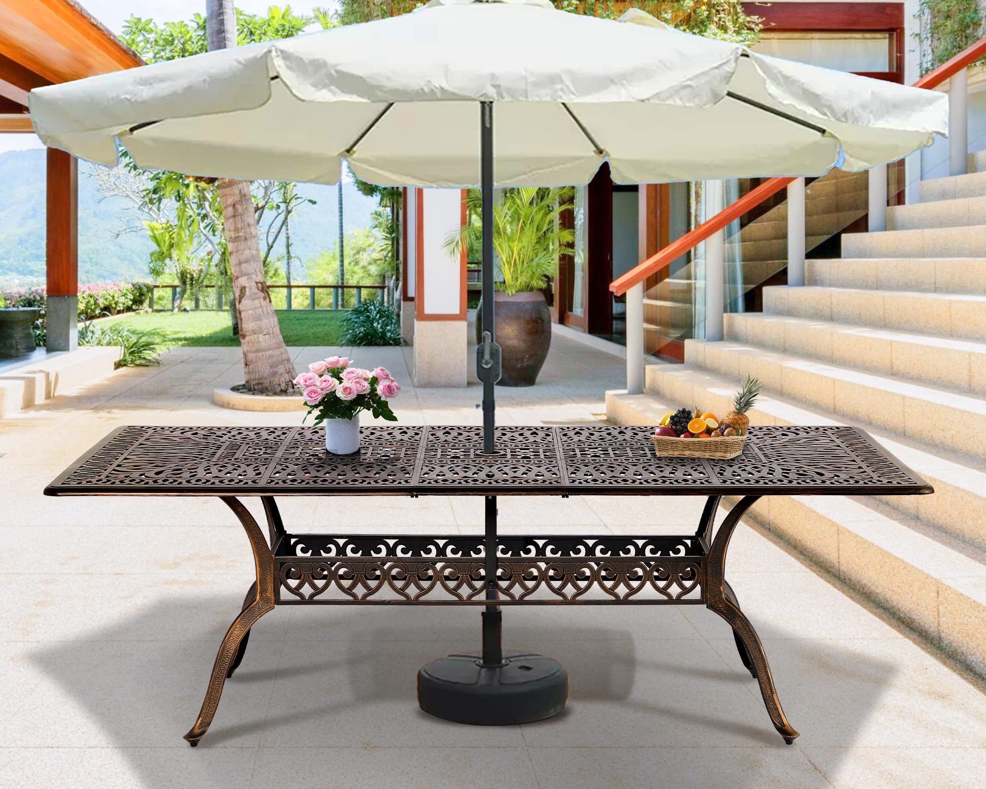 TITIMO 87'' Patio Dining Table, Cast Aluminum Outdoor Rectangle Dining Table, Weather-Resistant Table with 2" Umbrella Hole, Lawn Backyard Garden