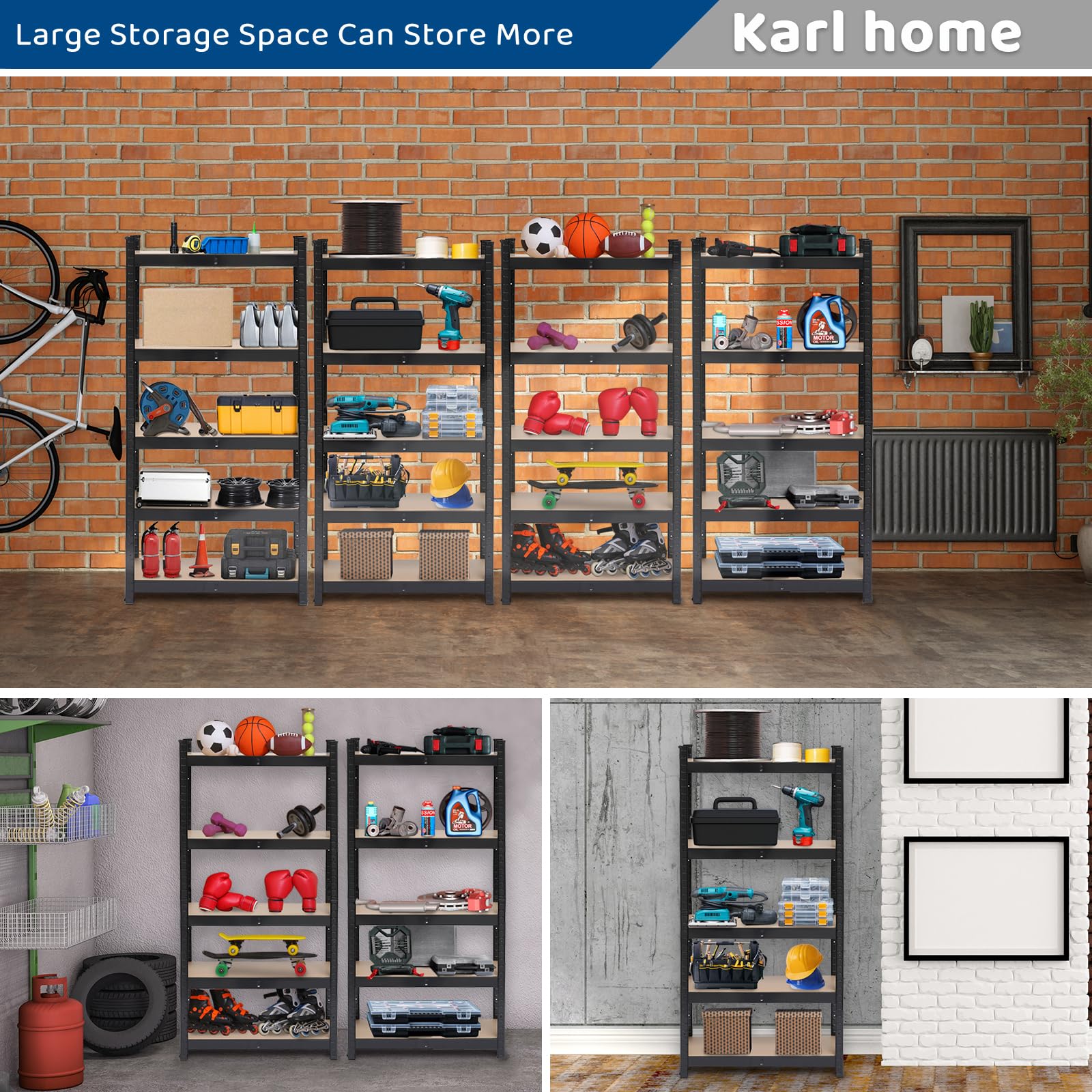 Karl home Garage Shelving Heavy-Duty, 5-Tiers Wide Size Adjustable Metal Shelving Unit Utility Rack Organization for Garage Pantry Basement, 1900lbs,27.6" L x 11.8" W x 59.1" H, Black