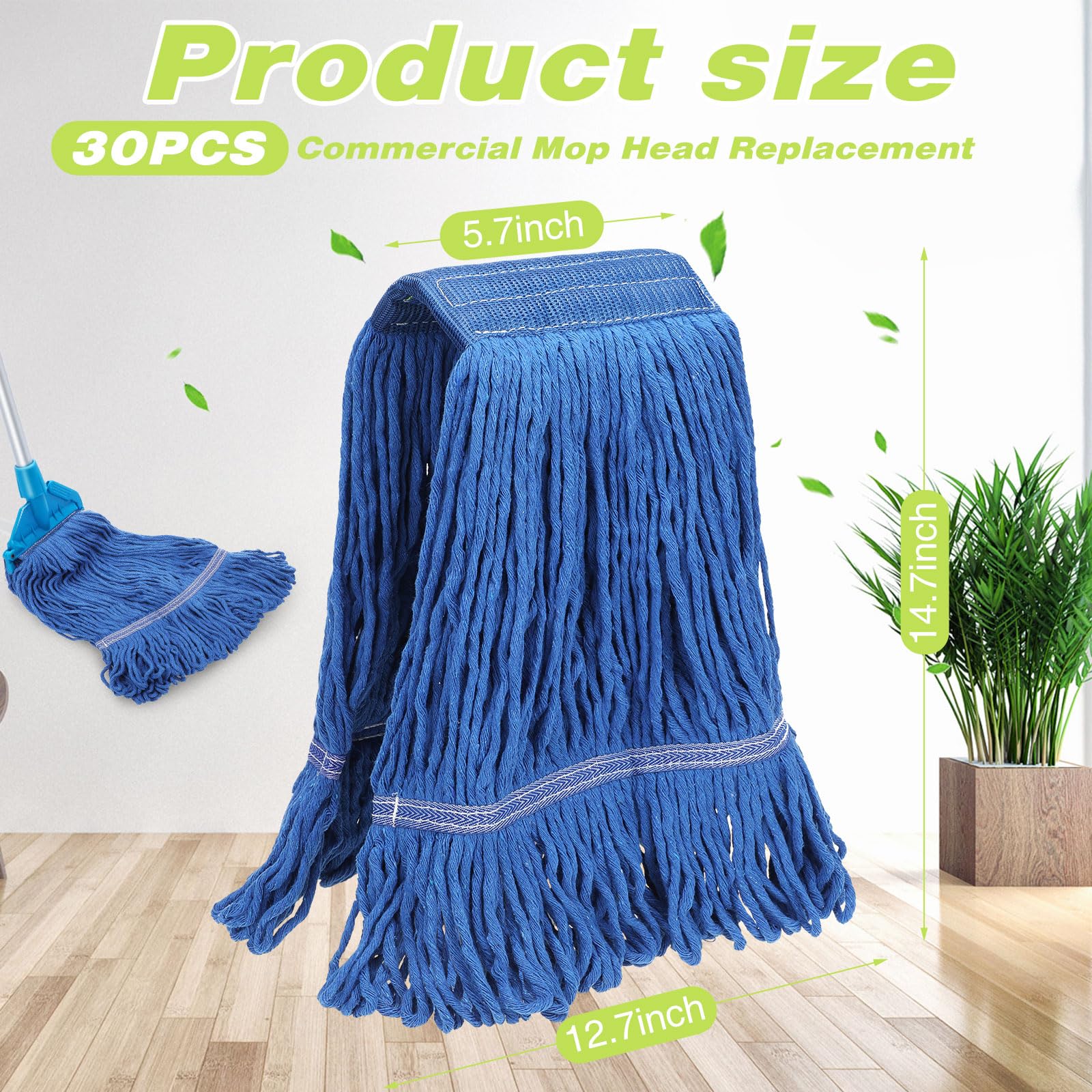 Roshtia 30 Pieces Commercial Mop Head Replacement Floor Cleaning Wet Mop Heads Heavy Duty Cotton String Mops Blue Large Industrial Cleaning Mop Head Refills for Industrial Home Commercial Cleaning