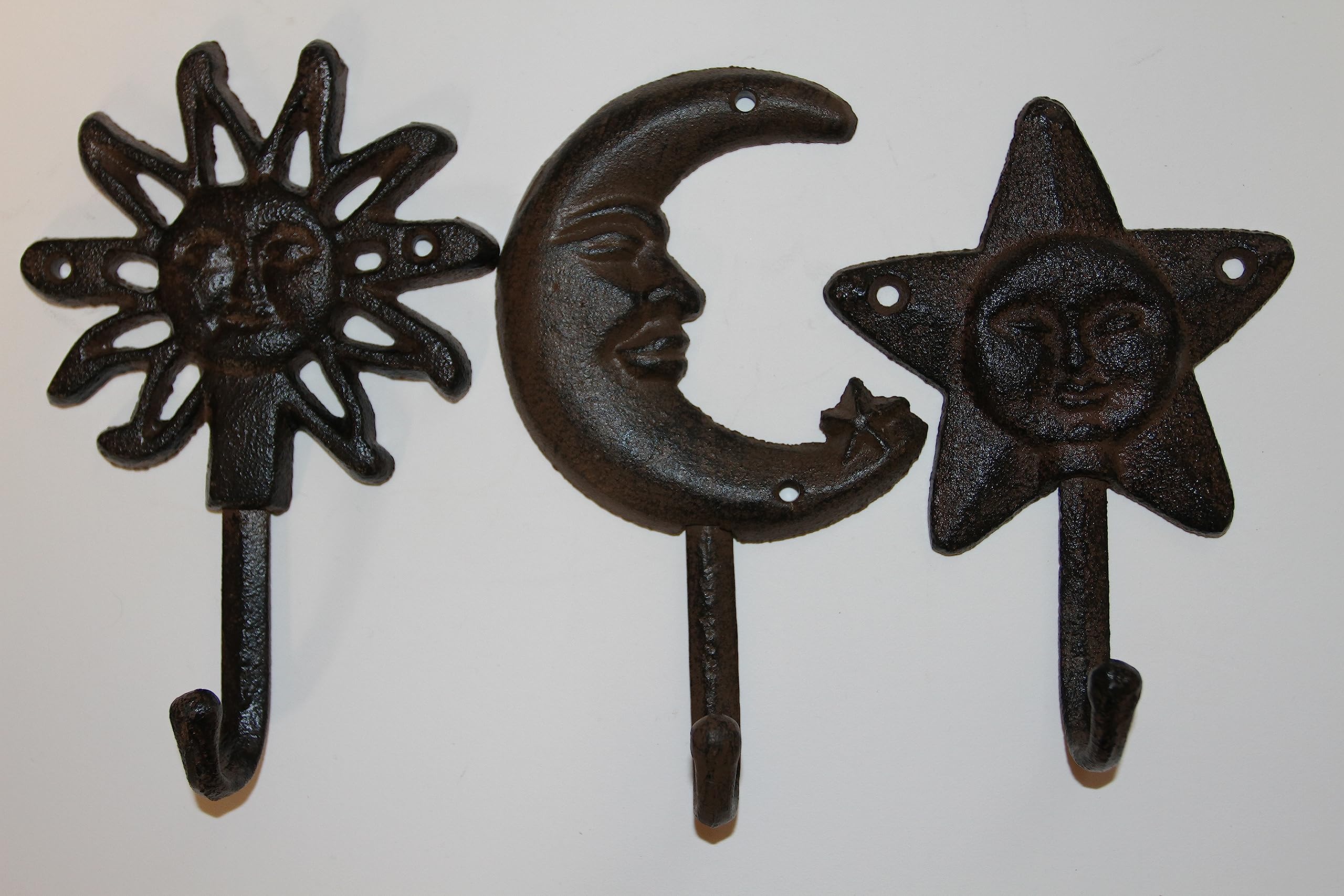 Set of 3 Cast Iron Sun, Moon and Star Wall Hooks for Entryways or Any Hanging Storage Location You Need a Handy Hook. Heavy Duty and Durable!