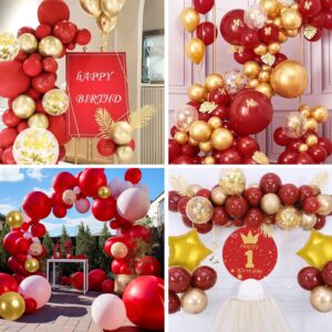 RUBFAC 65 Pcs 12 Inches Red and Gold Balloon, Burgundy Party Balloons, Metallic Gold Balloons, Gold Confetti Balloons for Wedding Party Bridal Shower Valentine's Day Decorations