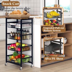 OKZEST Fruit Basket, 5-Tier Utility Kitchen Organizer and Storage Cart with Pull-Out Baskets and Wood Top, Rolling Pantry Kitchen Cart on Wheels for Fruit Potato Onion Vegetable Snack Produce