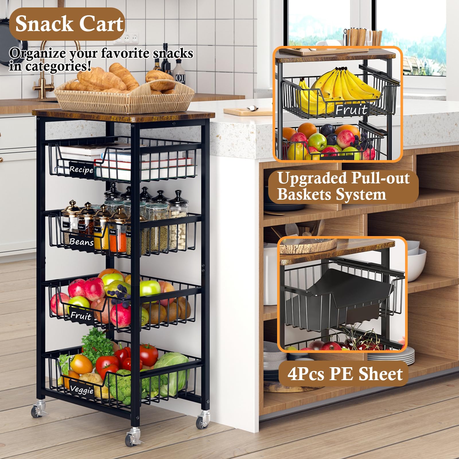 OKZEST Fruit Basket, 5-Tier Utility Kitchen Organizer and Storage Cart with Pull-Out Baskets and Wood Top, Rolling Pantry Kitchen Cart on Wheels for Fruit Potato Onion Vegetable Snack Produce