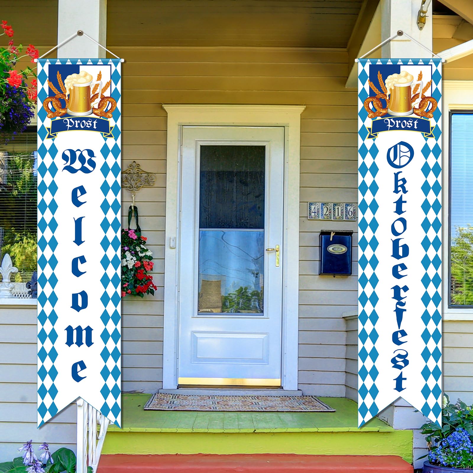 Oktoberfest Welcome Banner Decorations, Blue and White Bavarian Flag Check Welcome Porch Sign Banner, Welcome Oktoberfest Door Banner Decorations for German Oktoberfest Beer Festival Party Supplies