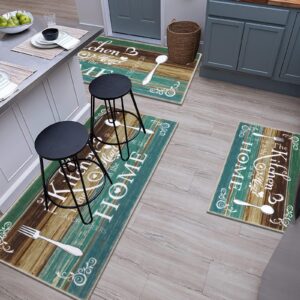 Vaukki Boho Kitchen Rug Sets 3 Pieces, Washable Kitchen Mats for Floor, Non Slip Soft Kitchen Area Rug Floor Mat for Kitchen, Laundry Room and Hallway (Teal, 20''x32''+20''x47''+20''x59'')