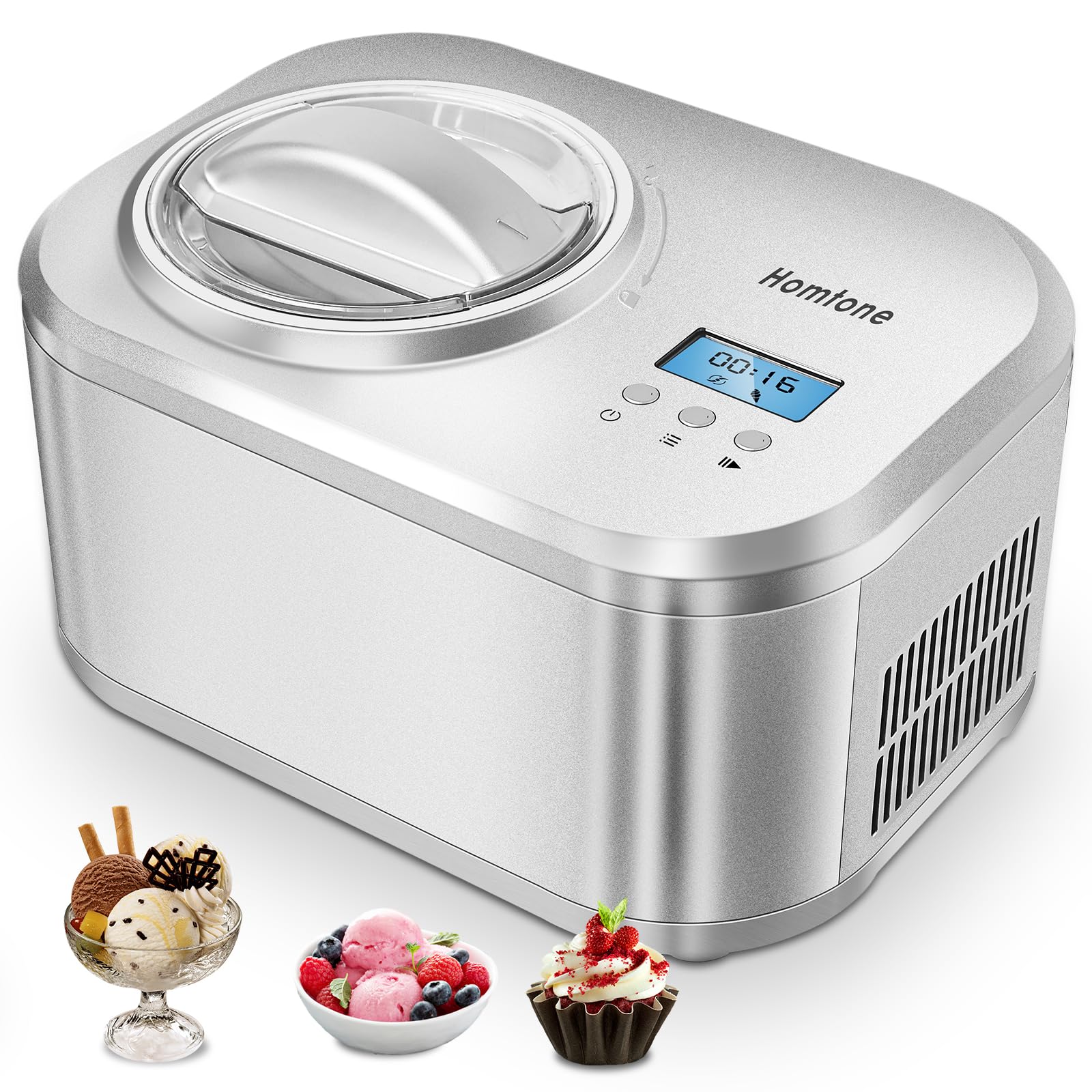 Homtone Ice Cream Maker 1 Quart, No pre-Freezing Automatic Ice Cream Yogurt Machine with Built-in Compressor and LCD Timer for Making Ice Cream,Gelato,Frozen Yogurt in 30-60 min