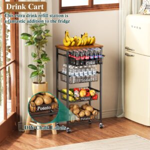 OKZEST Fruit Basket, 5-Tier Utility Kitchen Organizer and Storage Cart with Pull-Out Baskets and Wood Top, Rolling Pantry Kitchen Cart on Wheels for Fruit Potato Onion Vegetable Snack Produce