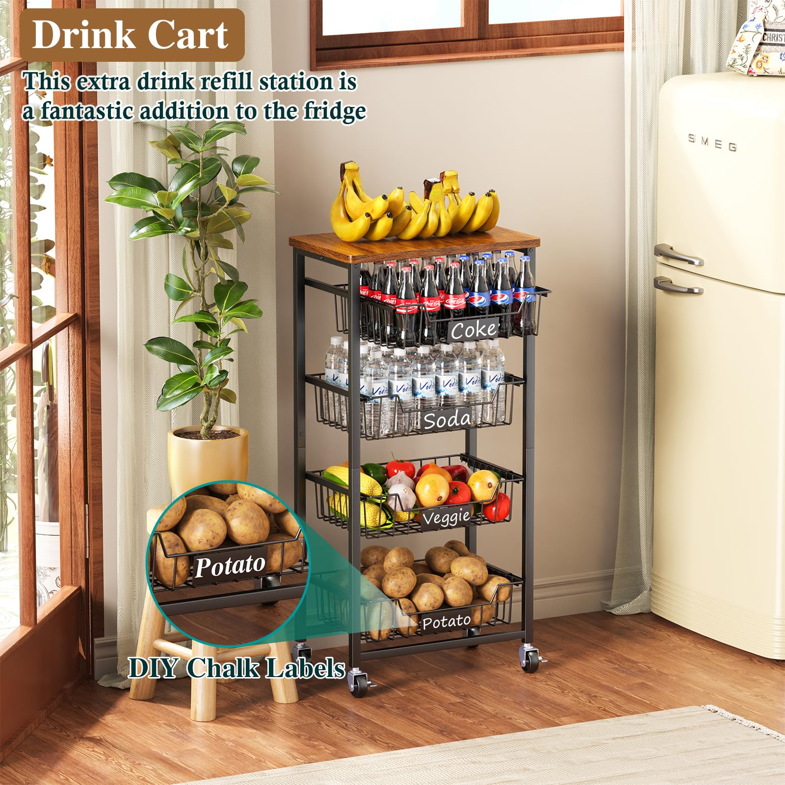 OKZEST Fruit Basket, 5-Tier Utility Kitchen Organizer and Storage Cart with Pull-Out Baskets and Wood Top, Rolling Pantry Kitchen Cart on Wheels for Fruit Potato Onion Vegetable Snack Produce