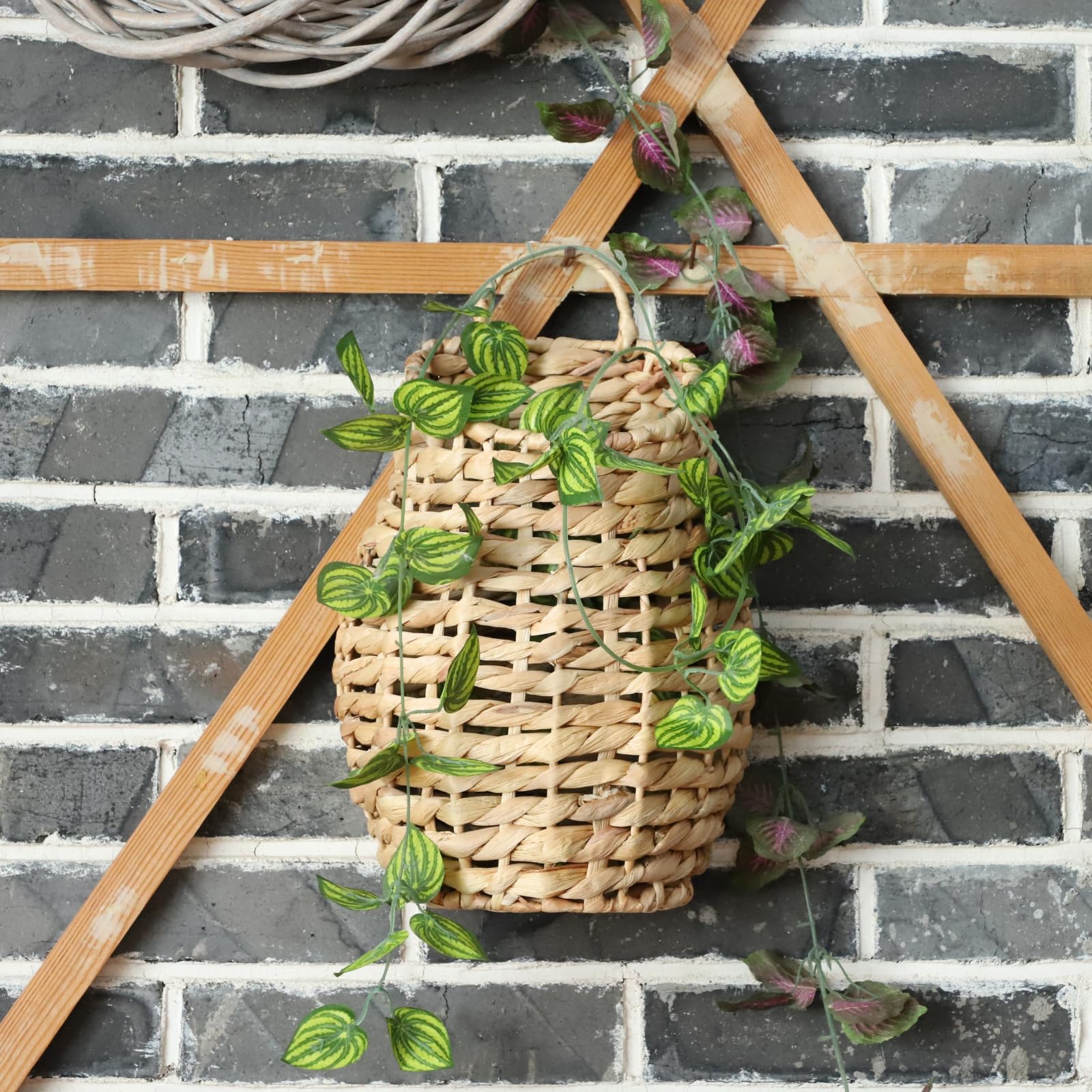 YRMT Water Hyacinth Woven Hanging Basket Wall Hanging Basket Decorative Front Door Basket Decor for Flower Plants Boho 15" x 10"