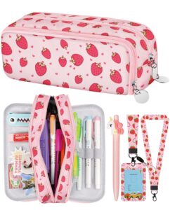 bistup pencil case pouch pen bag for school cute kawaii girls girly cartoon strawberry teen girls zipper pencil pouches large stationary bags 3 compartments with lanyard+id badge holder+pen+sticker