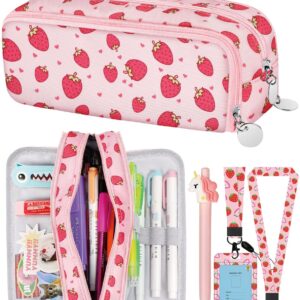 Bistup Pencil Case Pouch Pen Bag for School Cute Kawaii Girls Girly Cartoon Strawberry Teen Girls Zipper Pencil Pouches Large Stationary Bags 3 compartments with Lanyard+ID Badge Holder+Pen+Sticker